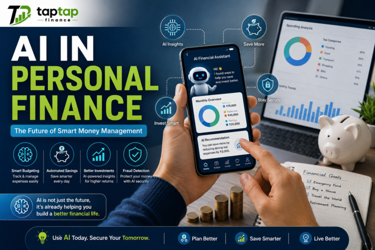 AI in Personal Finance banner with AI budgeting, investment tracking, and money management tools by TapTap Finance