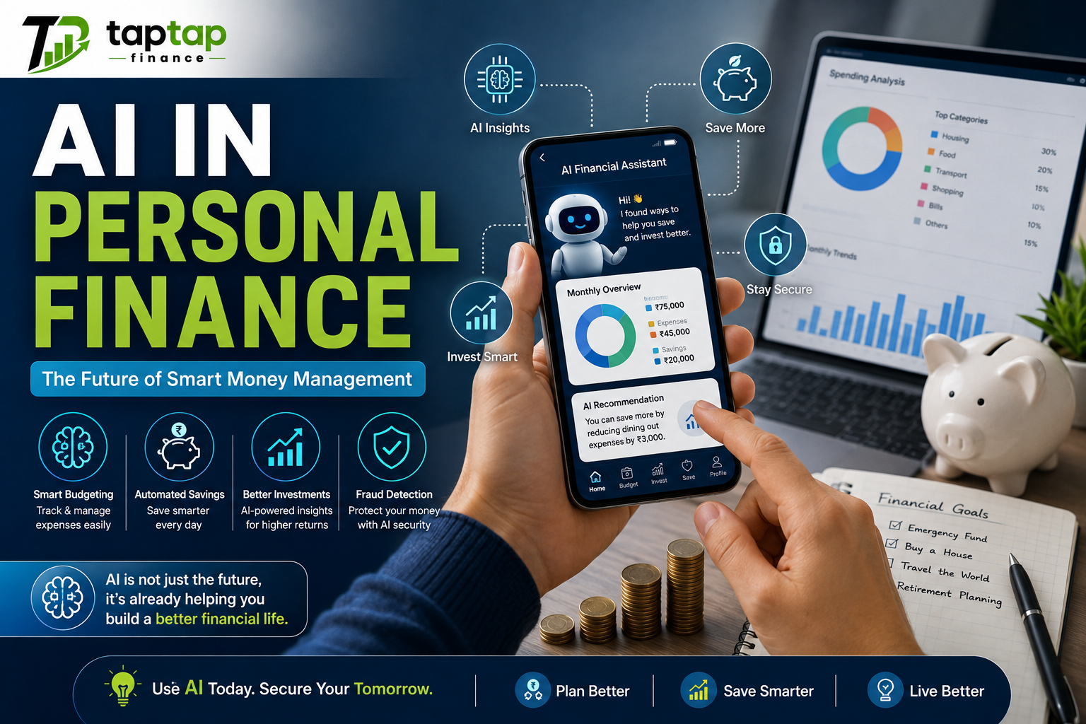 AI in Personal Finance banner with AI budgeting, investment tracking, and money management tools by TapTap Finance