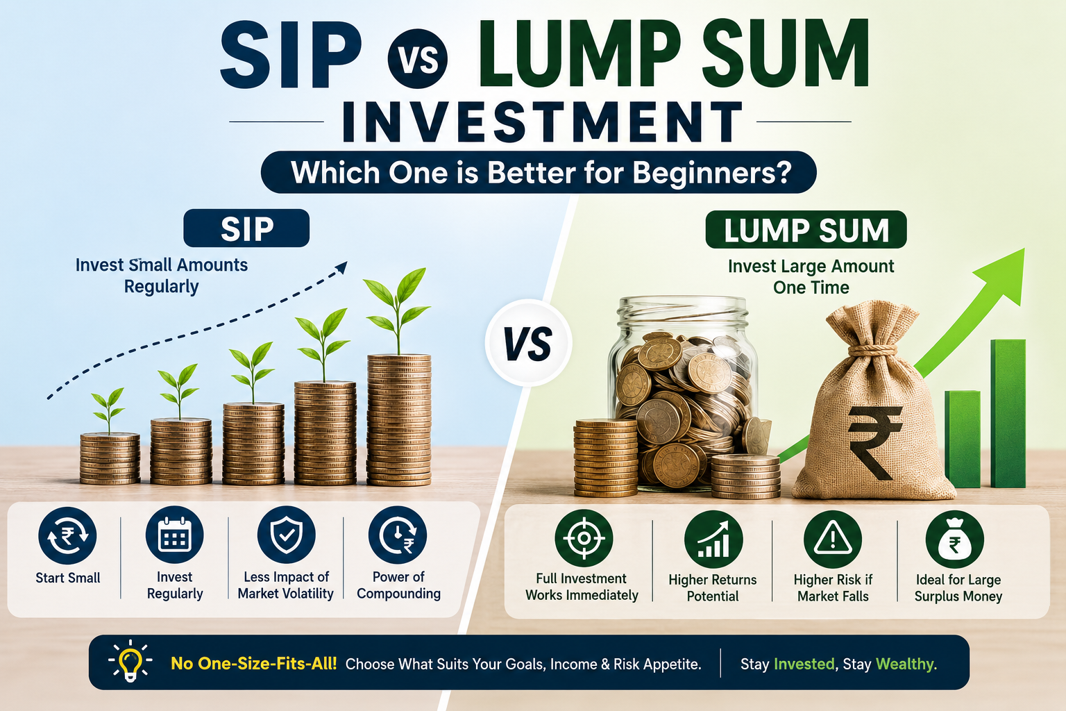 SIP vs Lump Sum Investment comparison showing the differences, benefits, and risks for beginner investors.