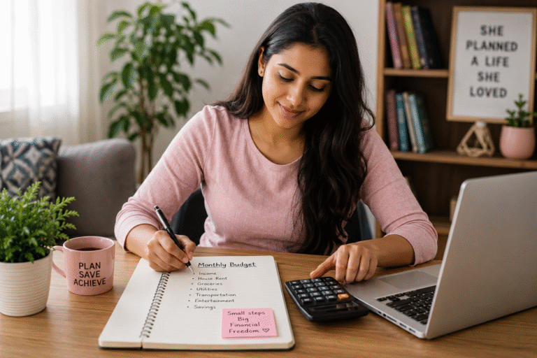 Woman planning a monthly budget at home.