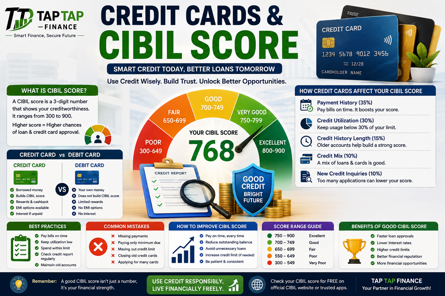 Credit Cards and CIBIL Score guide with credit score tips and smart money management by TapTap Finance.