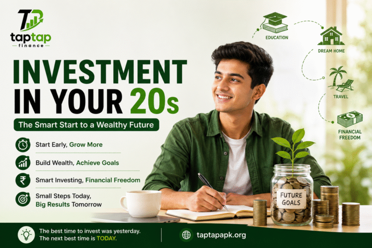 Investment in Your 20s guide with young investor, savings jar, and wealth-building illustration by TapTap Finance.