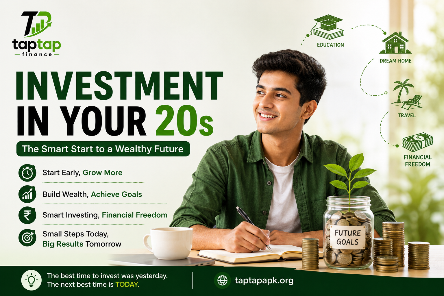 Investment in Your 20s guide with young investor, savings jar, and wealth-building illustration by TapTap Finance.