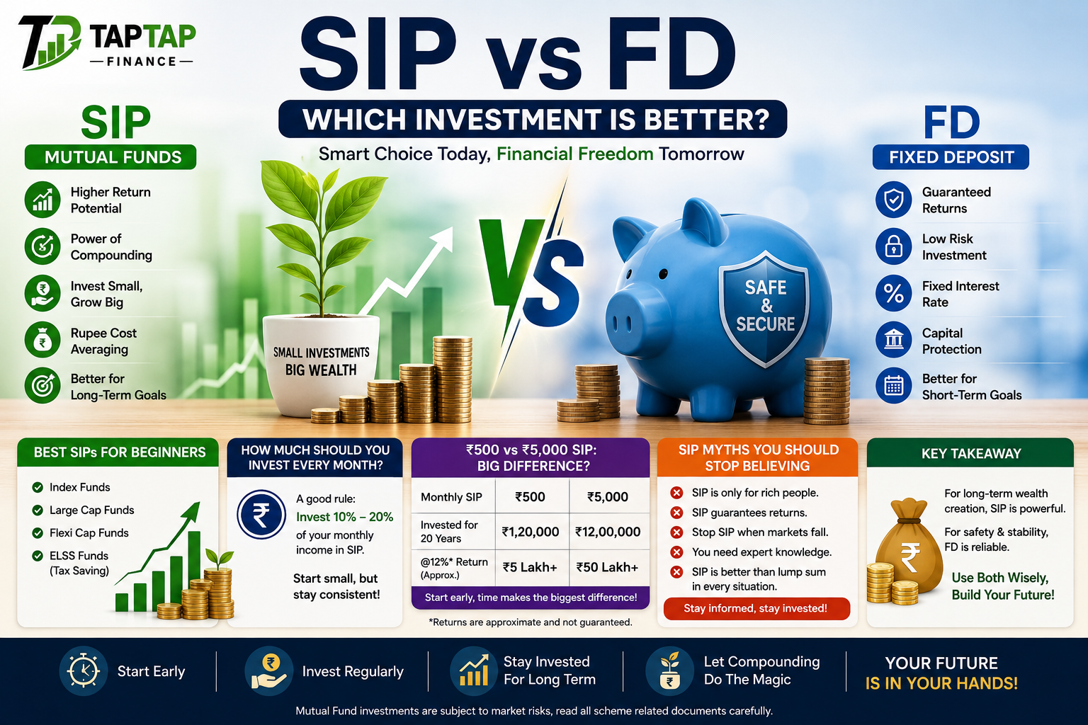 SIP vs FD comparison guide with mutual funds, fixed deposits, investment tips, and TapTap Finance branding.