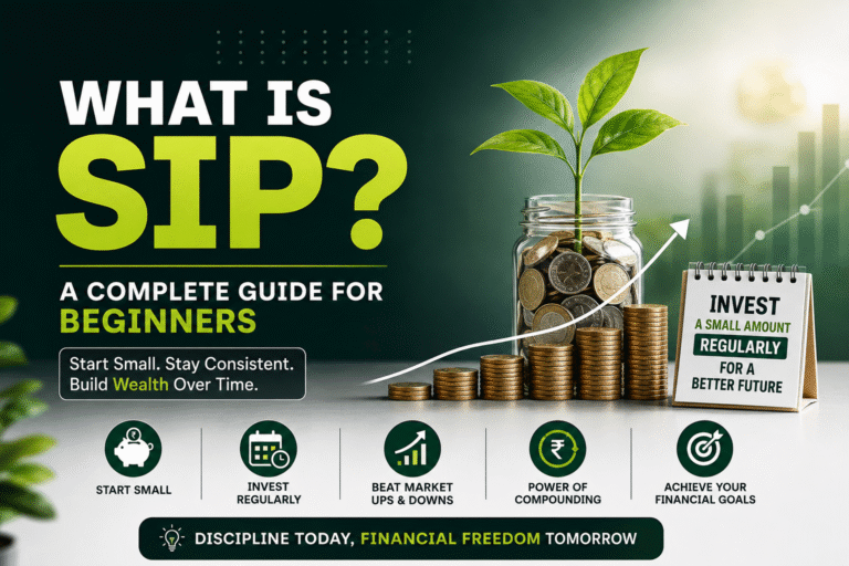 What is SIP? Beginner's guide explaining Systematic Investment Plan with a visual of regular investing and long-term wealth growth.